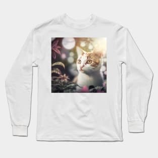 Cute White Cat Floral Background | White, brown and grey cat with blue eyes | Digital art Sticker Long Sleeve T-Shirt